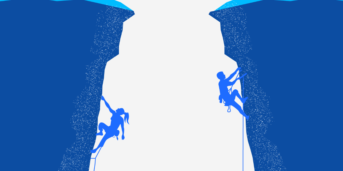 Illustration of a woman and a man climbing.