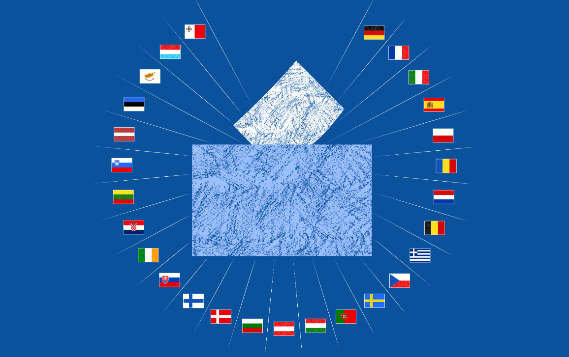 Wahlurne mit den Flaggen der 27 EU-Mitgliedstaaten