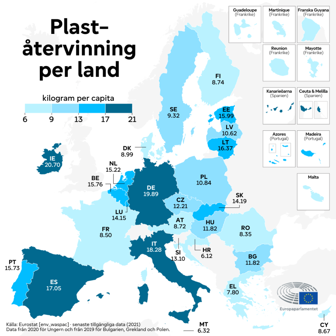 Karta som visar plaståtervinning per land i EU.