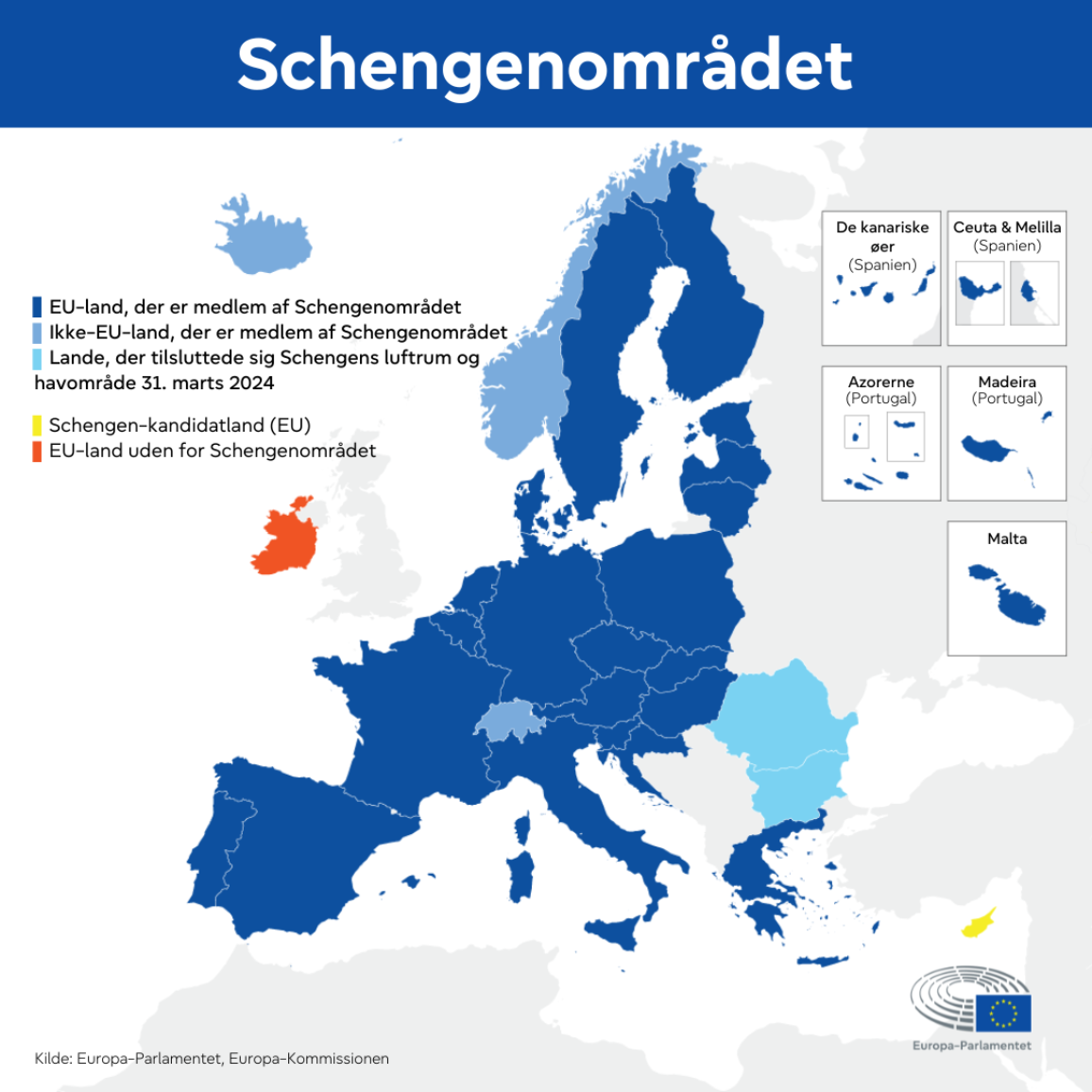 Kort over Schengen-området med dets nuværende medlemmer, det EU-medlemsland, der ikke er en del af det, og kandidatlandet.