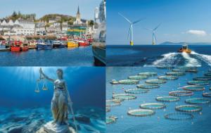 Collage of four pictures representing aquaculture farm, fishing village, wind farm and a statue of Temide on the bottom of the sea