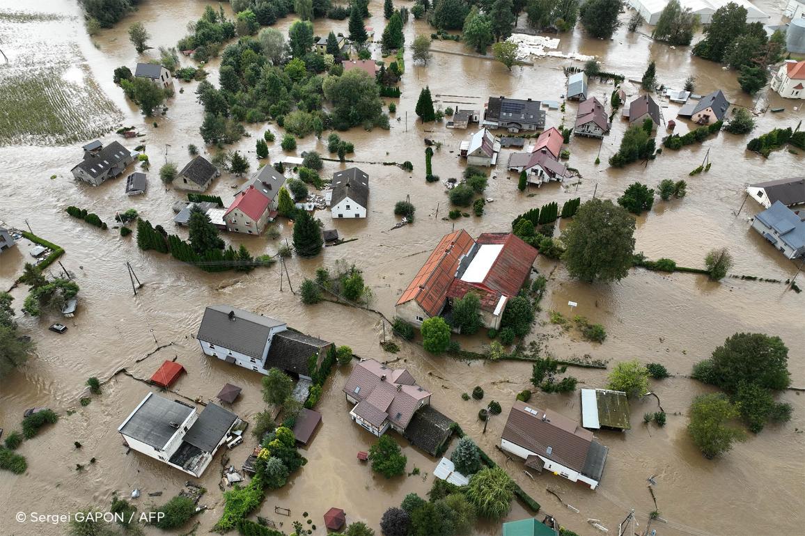 This aerial photograph taken on September 15, 2024 shows the flooded village of Rudawa, southern Poland.