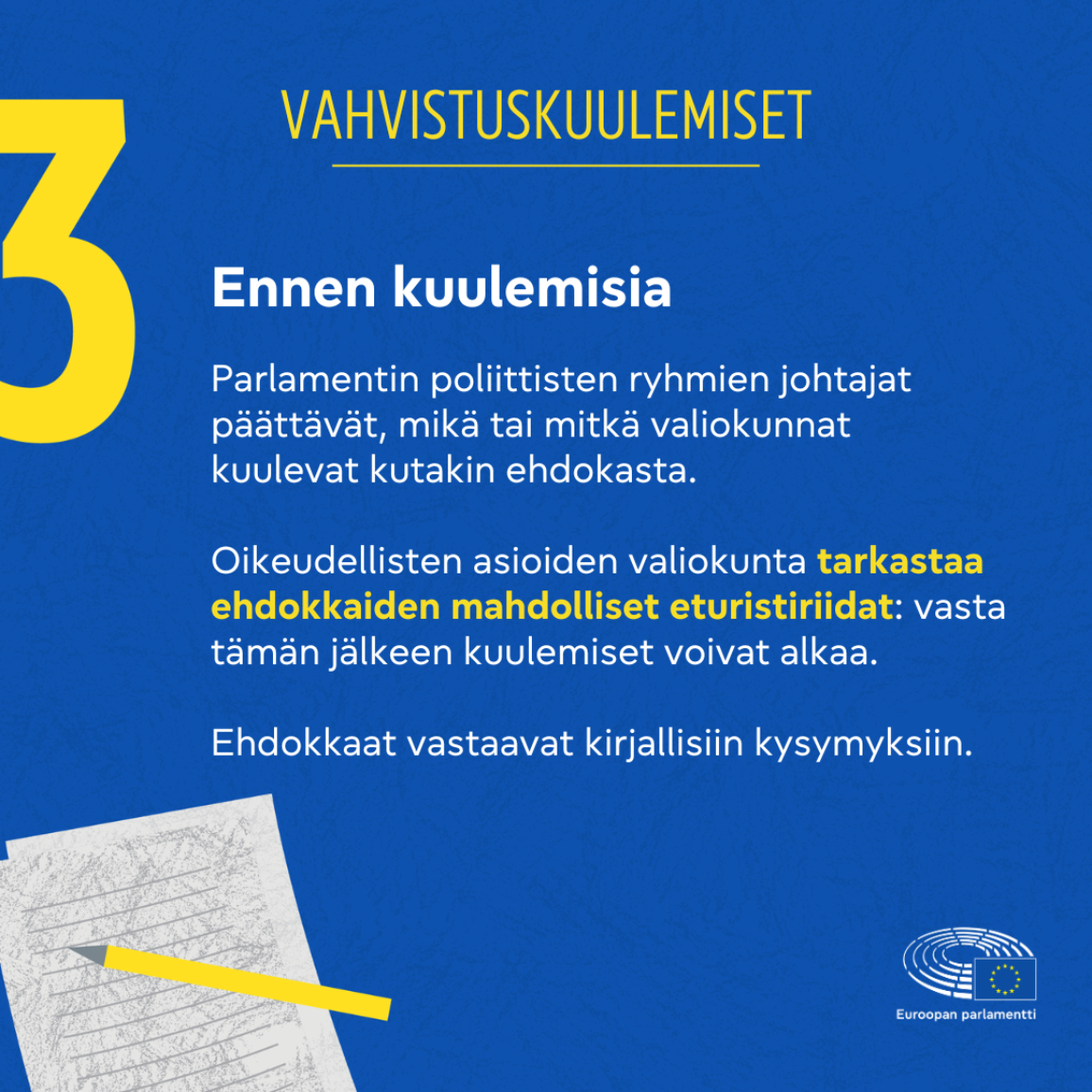 Kolmas kuva: teksti kertoo, että ennen kuulemisia komissaariehdokkaiden eturistiriidat arvioidaan parlamentin oikeudellisten asioiden valiokunnassa ja ehdokkaat vastaavat kirjallisiin kysymyksiin. Lisäksi parlamentti valitsee valiokunnat, jotka kuulevat kutakin ehdokasta. Tekstin alla kuva lehtiöstä ja kynästä.