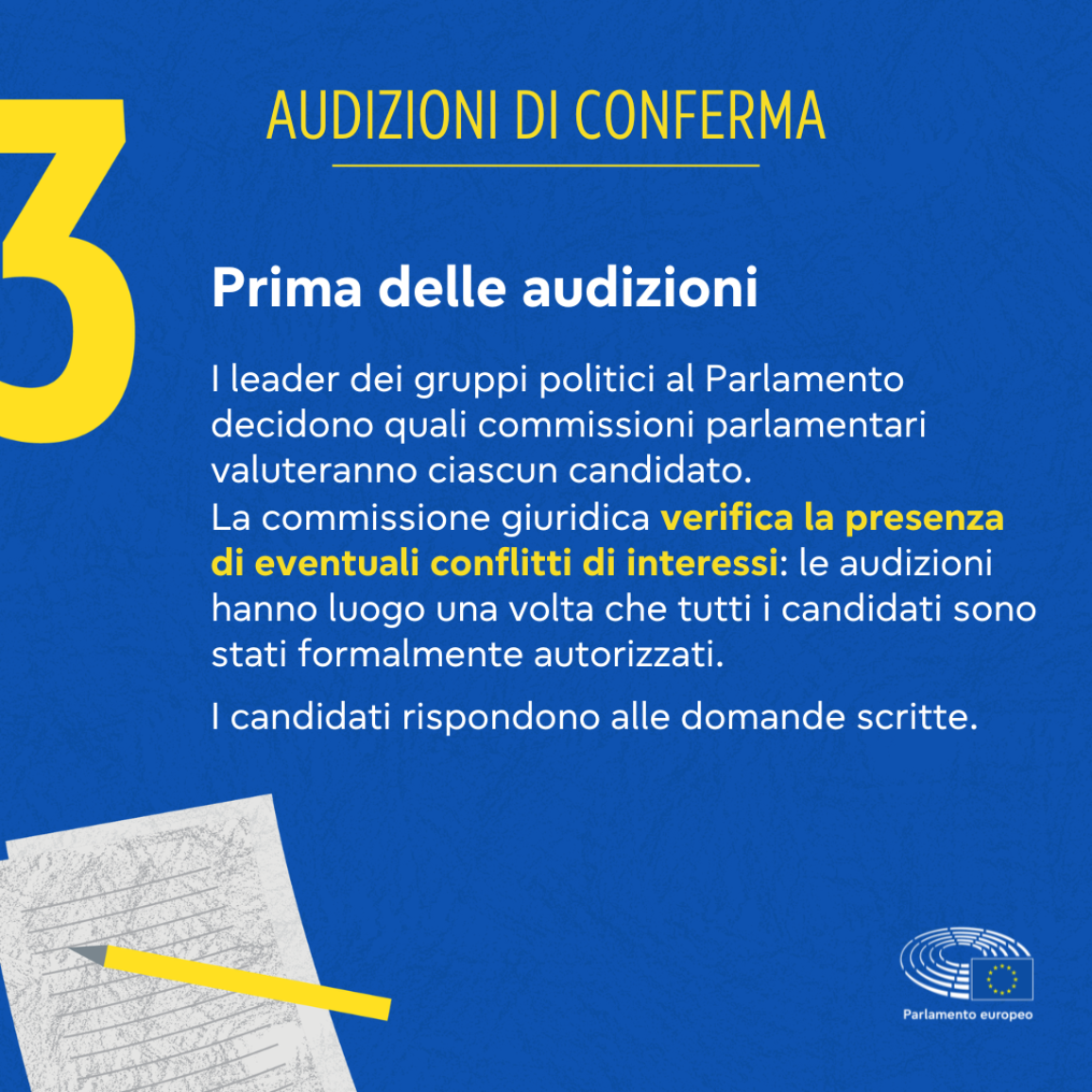 Un'illustrazione che mostra il processo prima dello svolgimento delle audizioni. I capigruppo dei gruppi politici al Parlamento decidono quale commissione o quali commissioni interrogherà ciascun candidato e la commissione giuridica verifica la presenza di potenziali conflitti di interesse. Solo quando tutti i candidati sono stati autorizzati, le audizioni possono iniziare. I candidati rispondono a domande scritte.