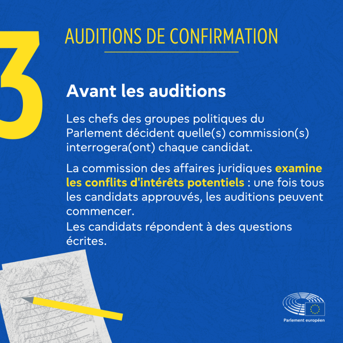 Visuel expliquant en termes généraux les auditions de confirmation des commissaires désignés. Les députés doivent évaluer les commissaires désignés lors d'auditions individuelles et voter pour approuver ou rejeter la Commission européenne dans son ensemble.