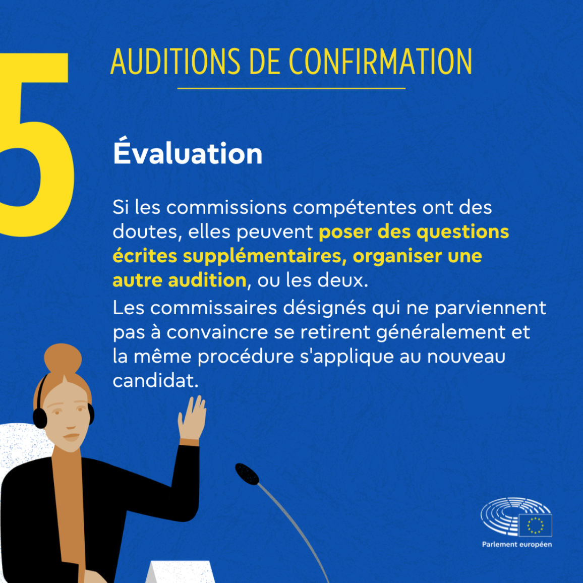 Visuel expliquant en termes généraux les auditions de confirmation des commissaires désignés. Les députés doivent évaluer les commissaires désignés lors d'auditions individuelles et voter pour approuver ou rejeter la Commission européenne dans son ensemble.