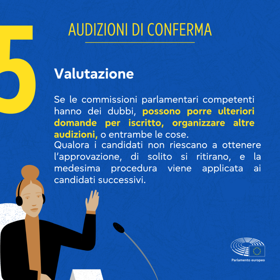 Una visual che illustra la valutazione e l'esito di ogni audizione. In caso di dubbio, la commissione responsabile può porre ulteriori domande scritte, organizzare un'altra audizione o entrambe le cose. 