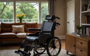 A wheelchair accessible for workers with disabilities in an inclusive workplace featuring a computer screen displaying graphs and statistics