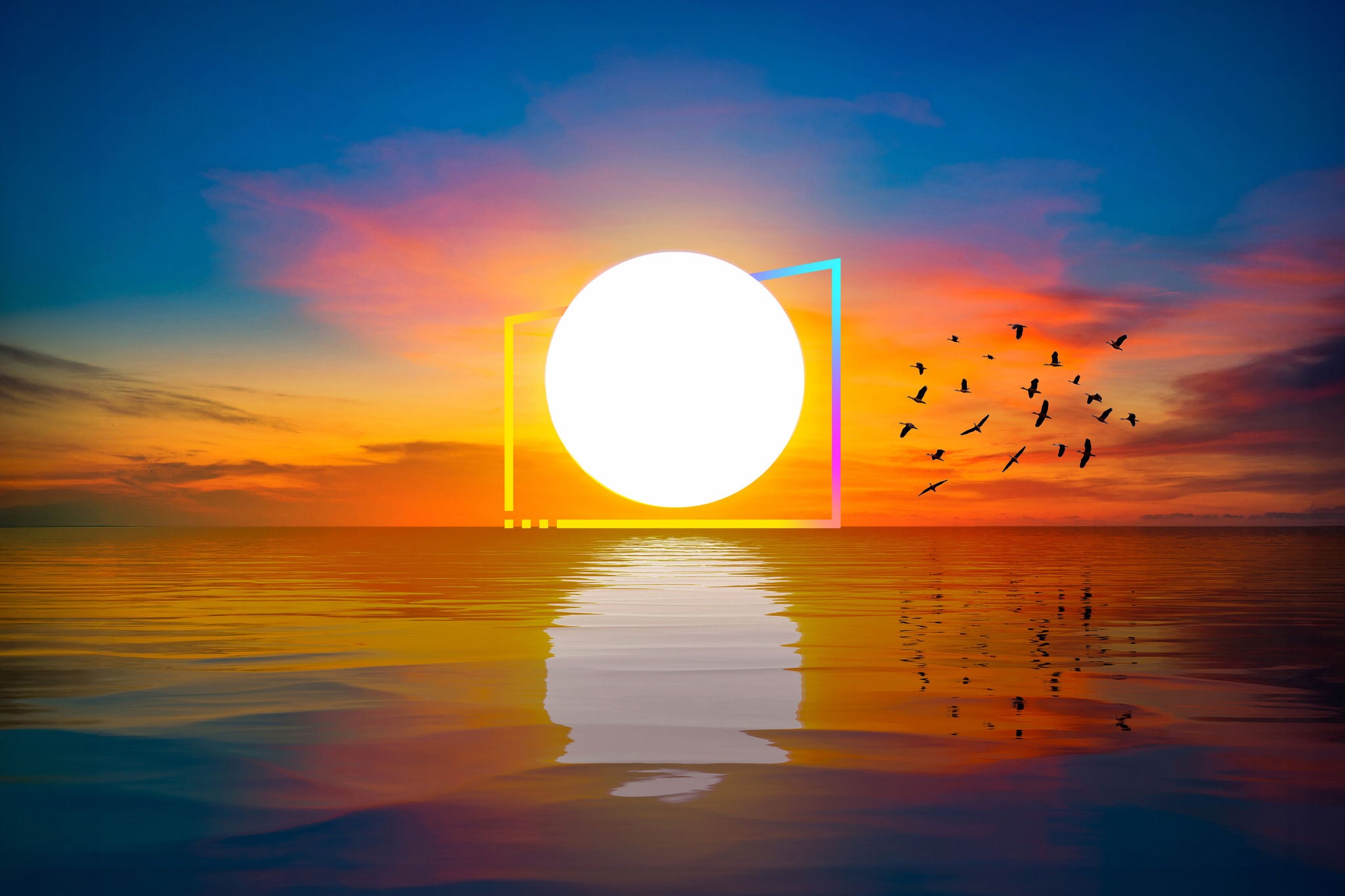 The big sun at dawn on the sea with beautiful reflections and flocks of birds in flight