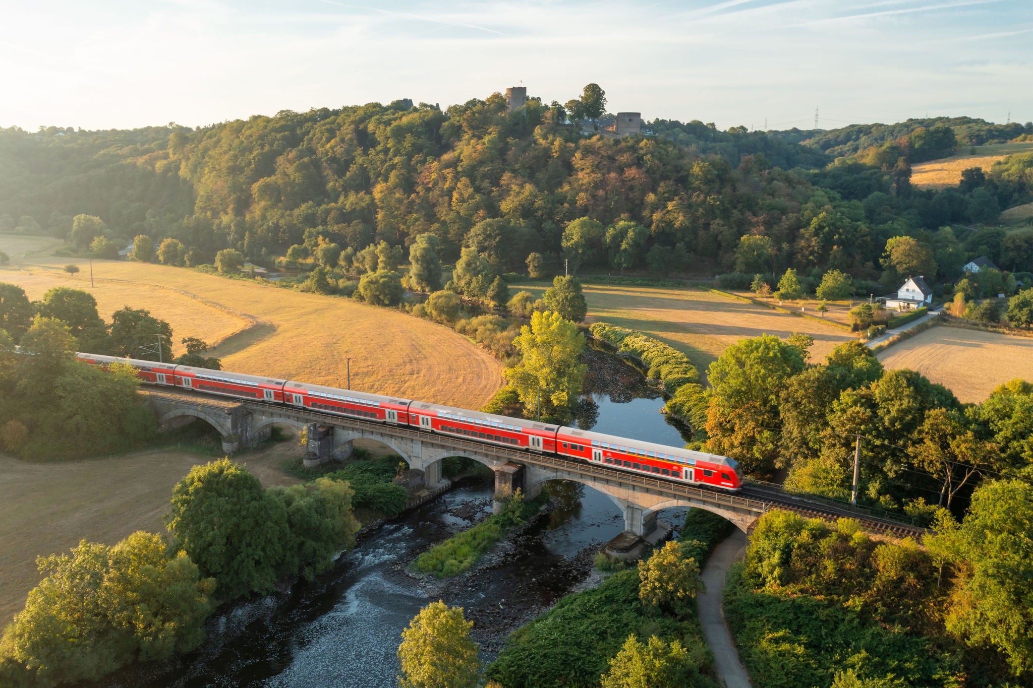 North Rhine-Westphalia, Germany, Commuter train crossing a bridge