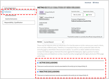 Red box around active and inactive exclusion section of an entity record