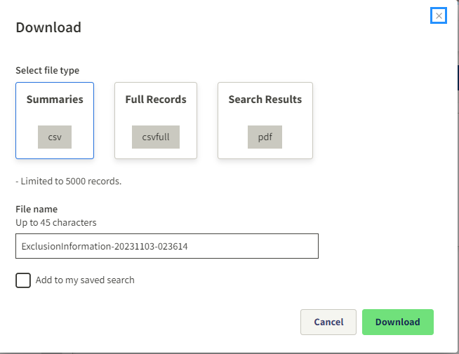 Screenshot of Download results dialog box. options are csv or PDF