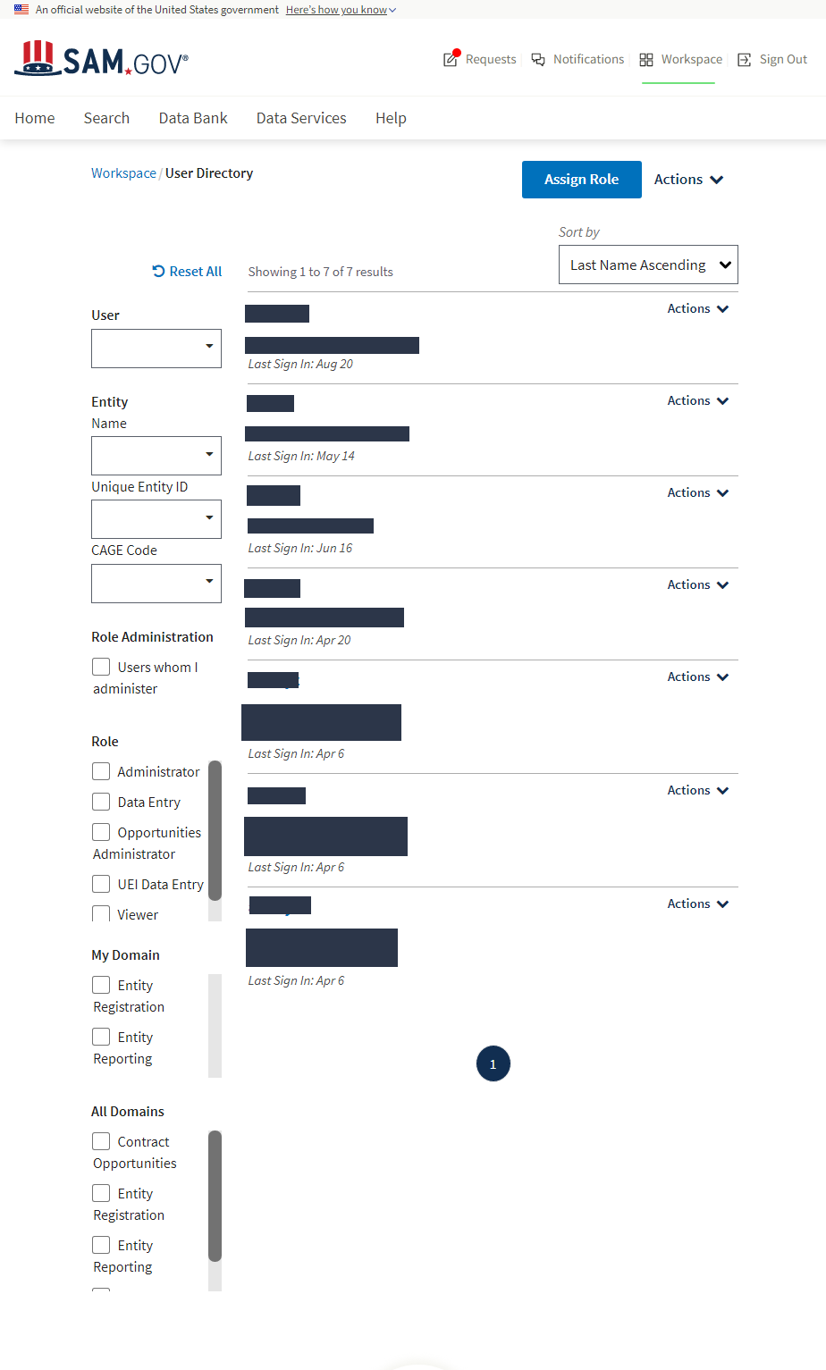 Screenshot of User directory Results landing page. Assign role is in the top right corner