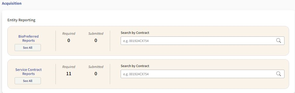 Screenshot of the "Entity Reporting" widget in the "Acquisition" section of the SAM.gov workspace.