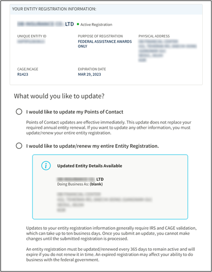 Screenshot of the update registration page displaying entity registration details and an alert that reads, "Updated Entity Details Available."