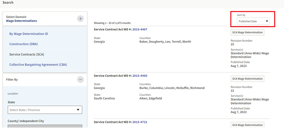 Screenshot of wage determination search results with sort by dropdown indicated with a red rectangle. 