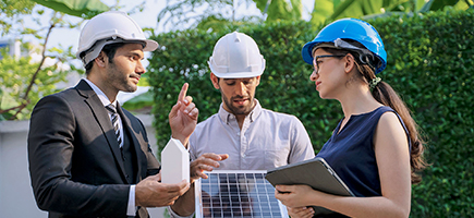 Three people with hard hats are discussing an issue.