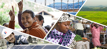 Collage of images of wind turbines, green landscapes and various people at work in the educational, food and technical fields.