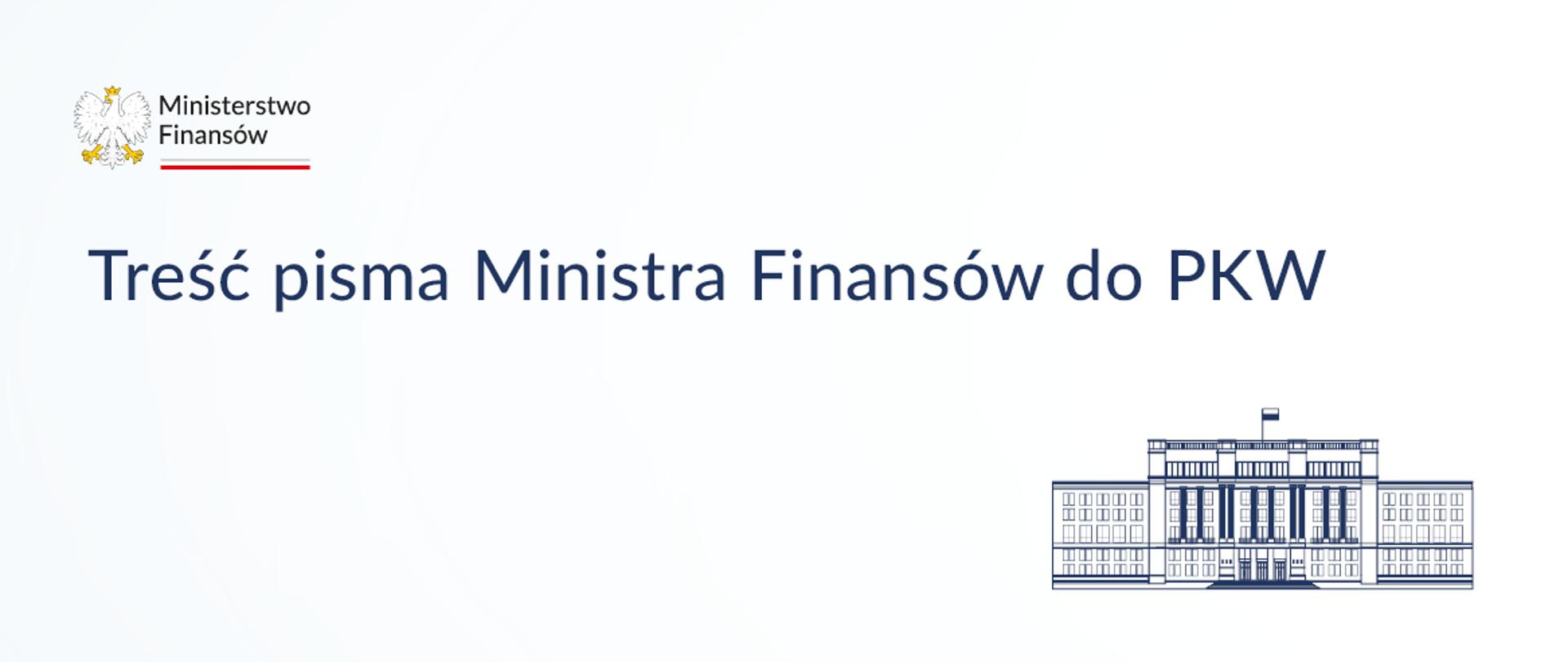 Treść pisma Ministra Finansów do PKW, w tle logo MF i szkic gmachu budynku MF