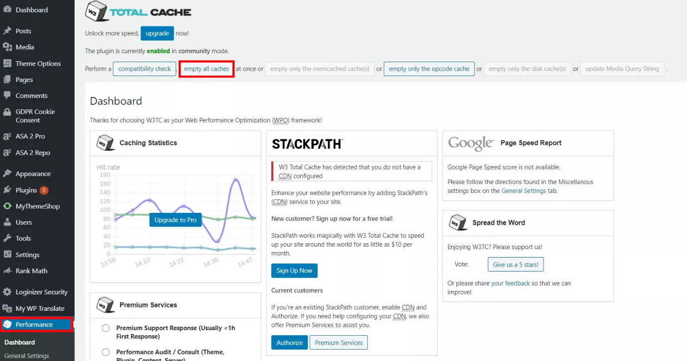 Settings page in W3 Total Cache with button for clearing the cache