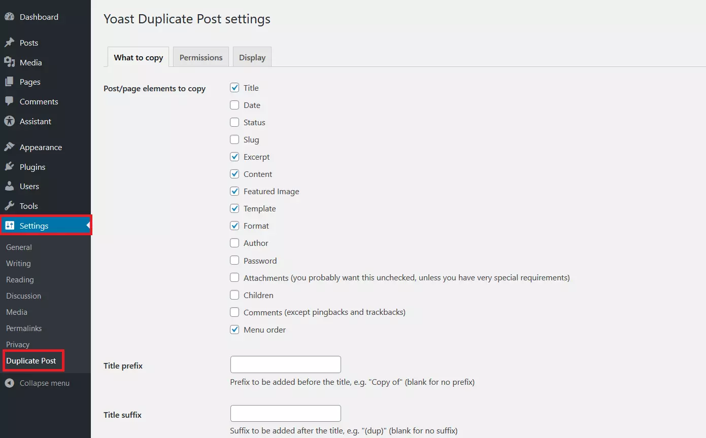 Settings for Yoast Duplicate Post