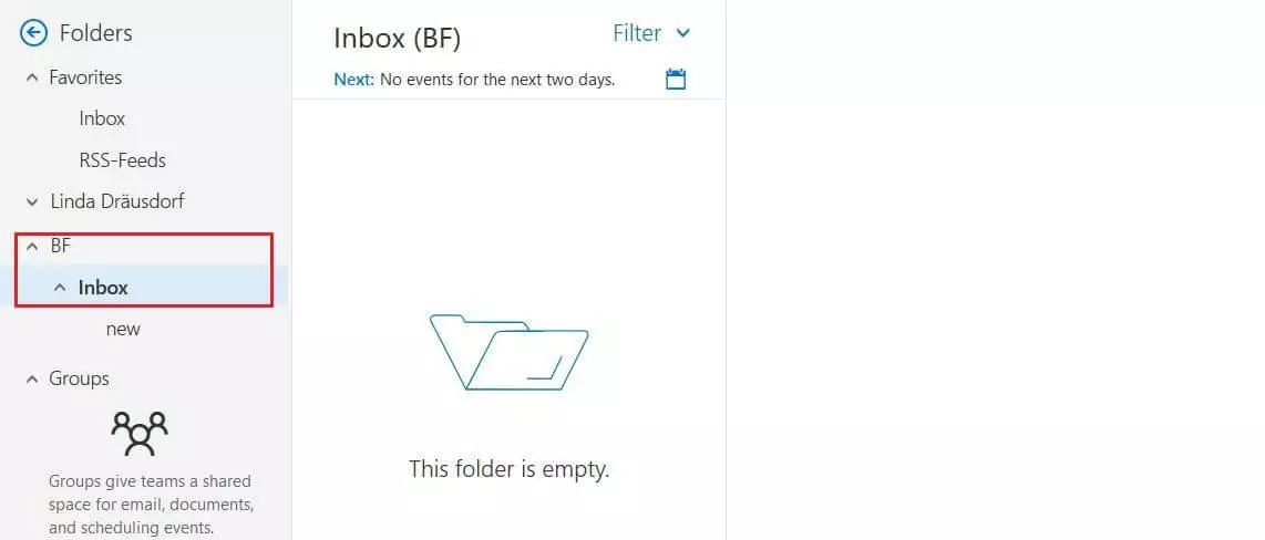 Outlook on the web: folder area with mailbox added