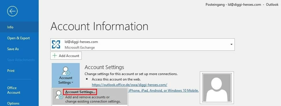 Account information menu in Outlook 2016