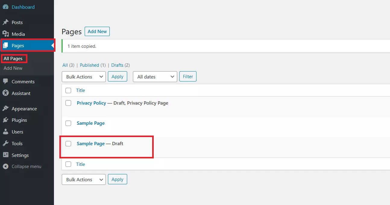 WordPress backend: “Pages” > “All Pages”, showing a duplicated page