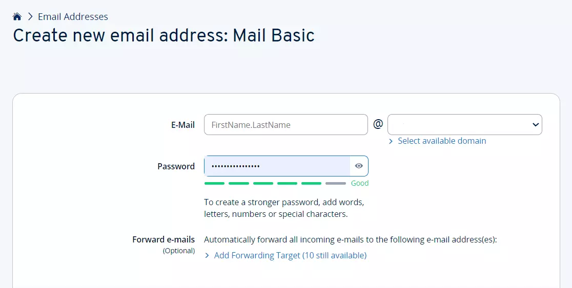 Create new family email address in an IONOS customer account