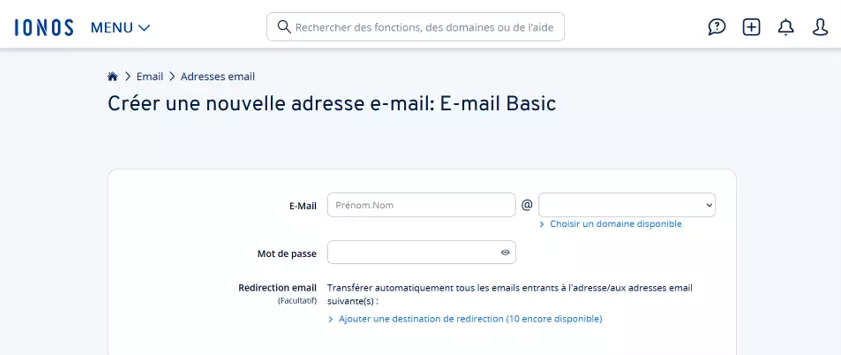 Créer une nouvelle adresse email dans le panneau de contrôle IONOS