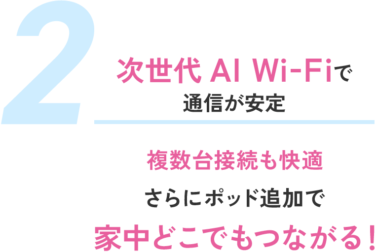 次世代 AI Wi-Fiで通信が安定 複数台接続も快適 さらにポッド追加で家中どこでもつながる