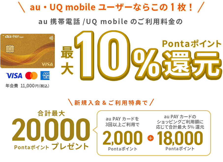 au・UQ mobileユーザーならこの1枚！ au携帯電話/UQ mobile のご利用料金の最大10%Pontaポイント還元 年会費11,000円（税込） 合計最大20,000Pontaポイントプレゼント（au PAY カードを3回以上ご利用で2,000Pontaポイント + au PAY カードのショッピングご利用額に応じて合計最大5%還元。18,000Pontaポイント）