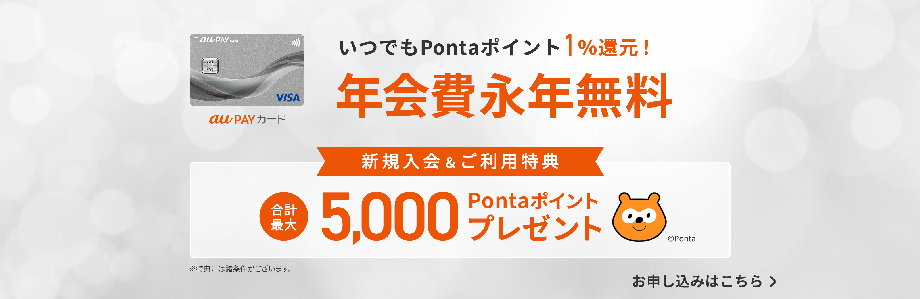 いつでもPontaポイント1%還元！ 年会費永年無料 新規入会&ご利用特典 合計最大5,000Pontaポイントプレゼント ※特典には諸条件がございます。 お申し込みはこちら