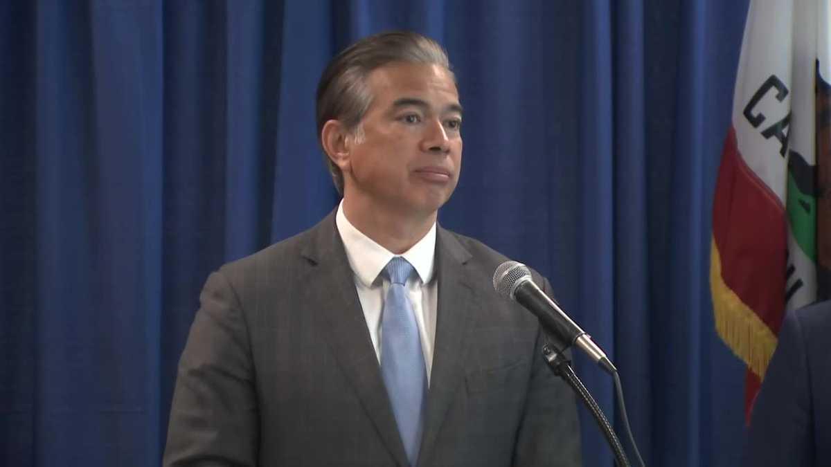 AG Rob Bonta in front of a microphone