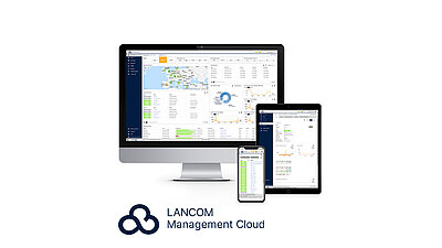 User interface of the network management platform LANCOM Management Cloud on the desktop monitor, tablet, and smartphone