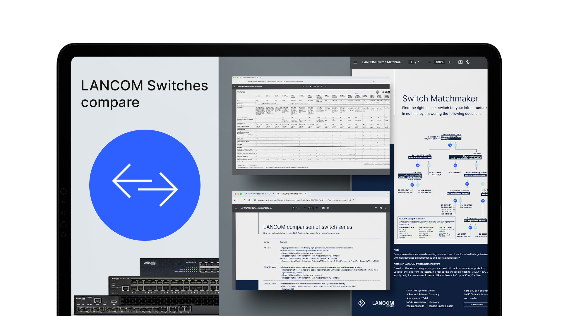 Indicated desktop with the comparison documents Switch Series Comparison, Switch Matchmaker, and Switch Comparison Table on the right, on the left is a blue circle with two arrows and the product images of some switches and the lettering “LANCOM Switches compare”