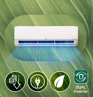 An air conditioner and 3 energy saving icons (coins, plugs, leaves) on an abstract background reminiscent of a leaf.