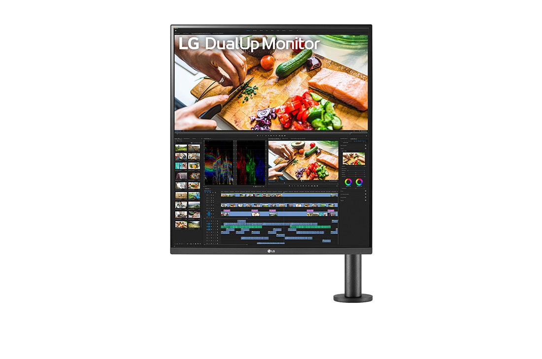 LG Moniteur DualUp 16:18 de 27,6 pouces avec support Ergo et USB Type-C™, vue de face avec le bras du moniteur sur la droite, 28MQ780-B