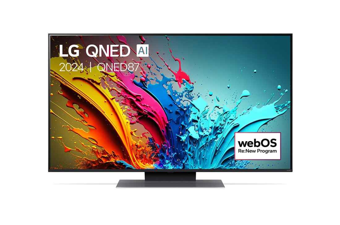 LG Smart TV LG QNED AI QNED87 4K 50 pouces 2024, Vue de face du téléviseur LG QNED, QNED87 avec le texte LG QNED, 2024, et le logo webOS Re:New Program à l’écran., 50QNED87T6B