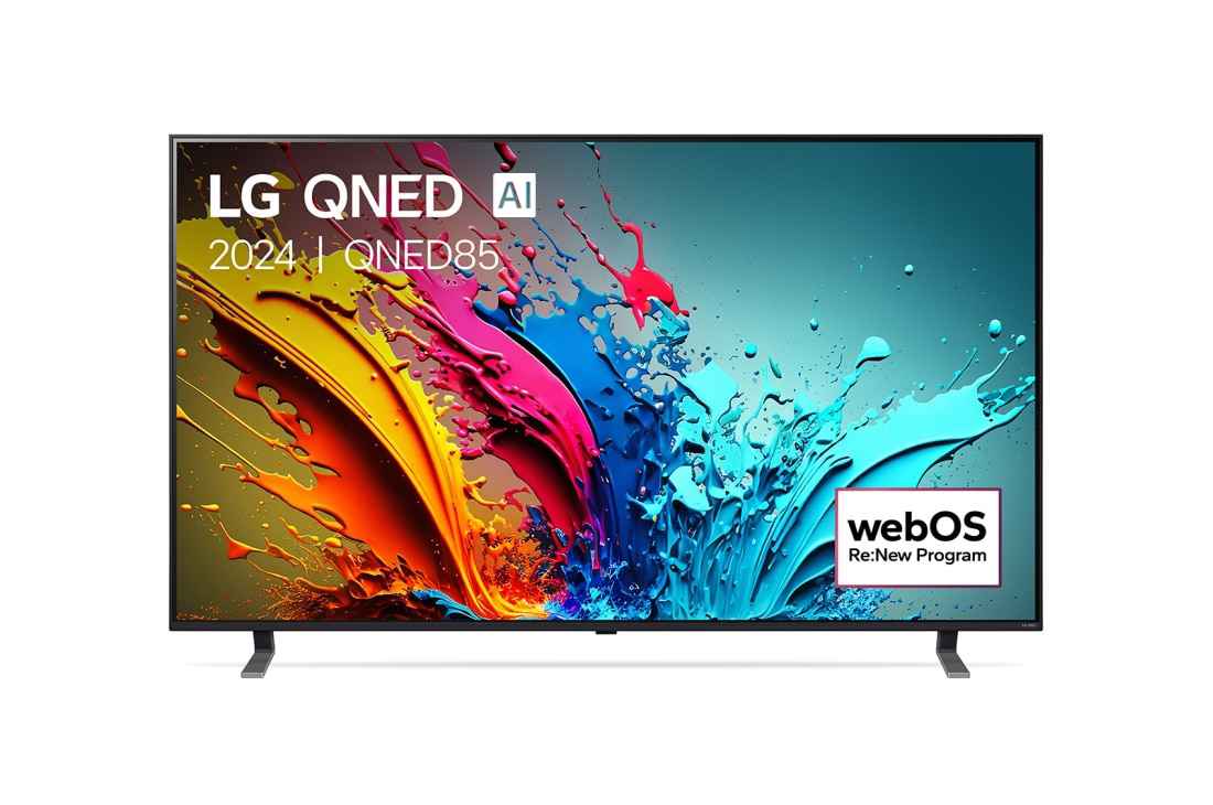 LG Smart TV LG QNED AI QNED85 4K 86 pouces 2024, Vue de face du téléviseur LG QNED, QNED85 avec le texte LG QNED, 2024, et le logo webOS Re:New Program à l’écran., 86QNED85T6C