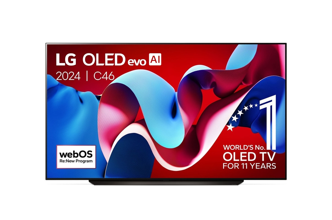 LG 83 pouces LG OLED evo AI C4 4K Smart TV OLED83C4, Vue de face du LG OLED evo AI TV, OLED C4 avec emblème OLED 11 ans numéro 1 mondial et logo du programme webOS Re:New à l’écran, OLED83C46LA