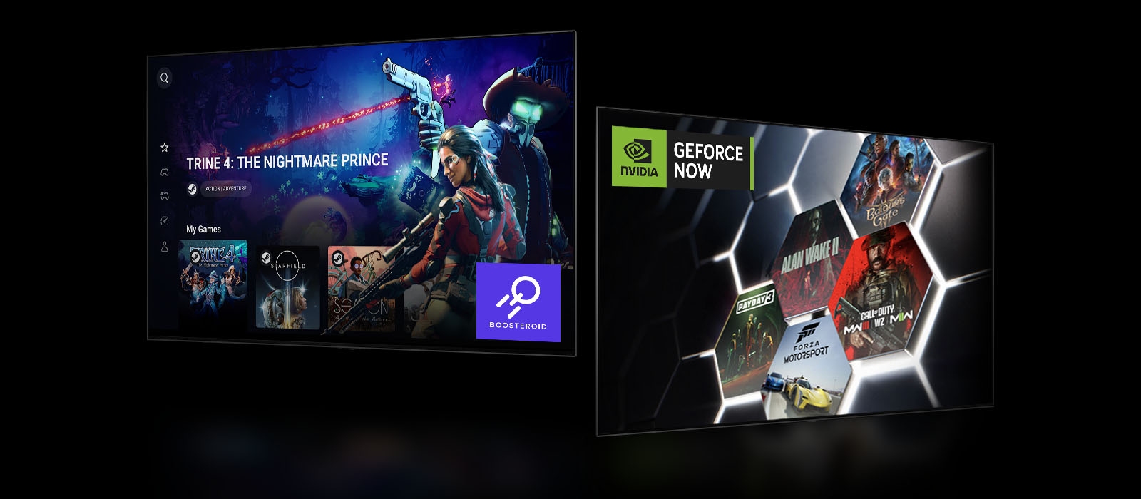 A Boosteroid kezdőképernyő képe a „Trine 4: The Nightmare Price" feliratot mutatva. A GeForce NOW kezdőképernyője, amely a jobb oldalon öt különböző játék miniatűrjét mutatja. 