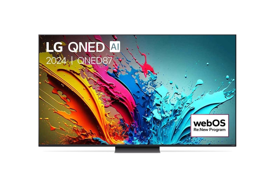 LG 65-инчов LG QNED AI QNED87 4K Smart TV 2024, Изглед отпред на LG QNED TV, QNED87 с текст LG QNED, 2024, и логото на webOS Re:New Program на екрана, 65QNED87T3B