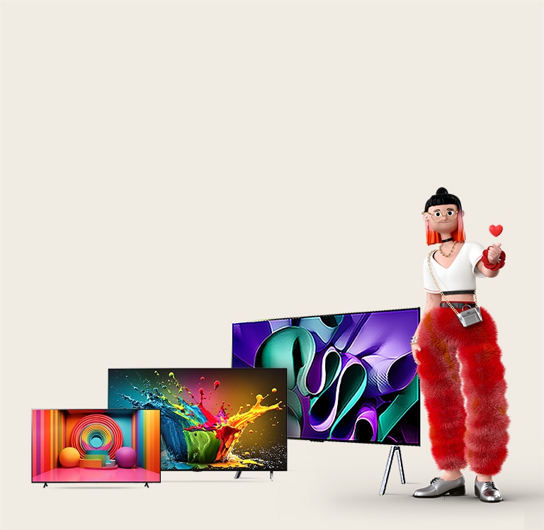 一位女性卡通人物用手比了心形手势，双手在三台 OLED/QNED TV 旁边：第一台是 LG OLED TV，第二台是支架上的 LG QNED TV，第三台是双柱式支架上的 LG OLED TV M4。左边是“How do I choose the best TV?（我如何选择最佳电视？）”文字，以及一个显示着“Learn More（详加了解）”字样的红色按钮。