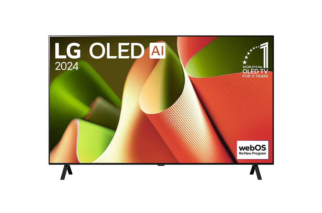 LG 65 英寸 LG OLED AI B4 4K 智能电视<br>OLED65B4, LG OLED TV, OLED B4 正面视图，屏幕上有精彩11年，卓越非凡 OLED 标志和 webOS Re:New Program，配有两柱式支架, OLED65B4PCA