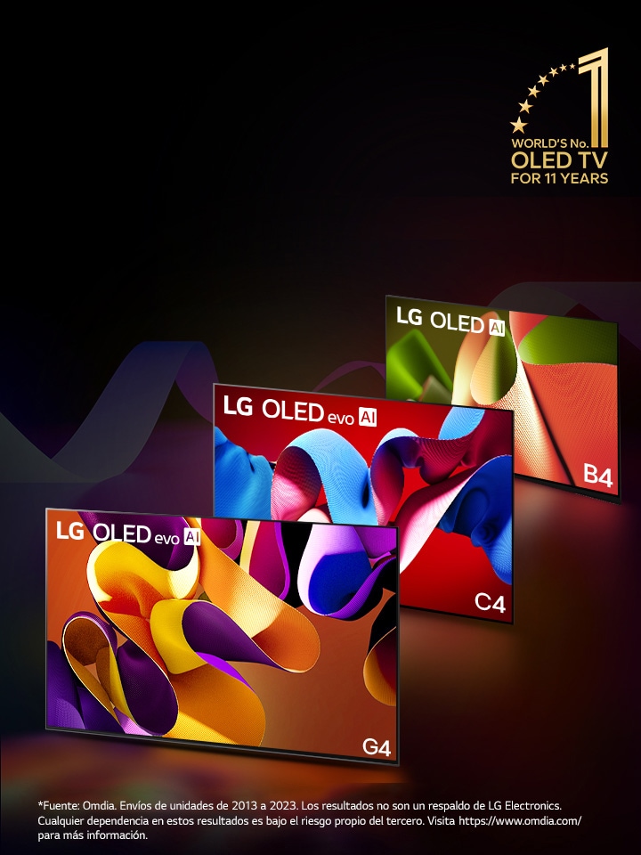 Televisores LG OLED evo C4, evo G4 y B4 colocados uno junto a otro en línea sobre a un fondo negro con espirales de colores. El emblema “OLED TV número 1 en el mundo durante 11 años” está en la imagen.  Aviso legal: “Fuente: Omdia. Envíos de unidades de 2013 a 2023. Los resultados no son un respaldo de LG Electronics. Cualquier dependencia en estos resultados es bajo el riesgo propio del tercero. Visita https://www.omdia.com/ para más información”.