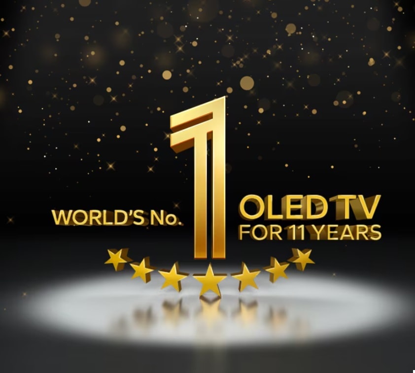 Un emblema dorado sobre un fondo negro que informa de que LG es la marca número 1 de televisores OLED en el mundo durante 11 años.