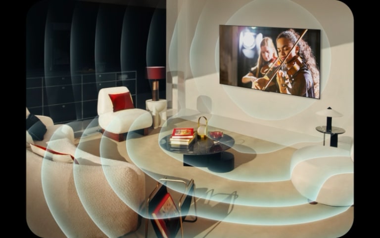 Televisor LG OLED en un moderno apartamento urbano. Una cuadrícula superpuesta aparece sobre la imagen como un escaneo del espacio y, a continuación, ondas sonoras azules se proyectan desde la pantalla, llenando perfectamente la habitación de sonido.