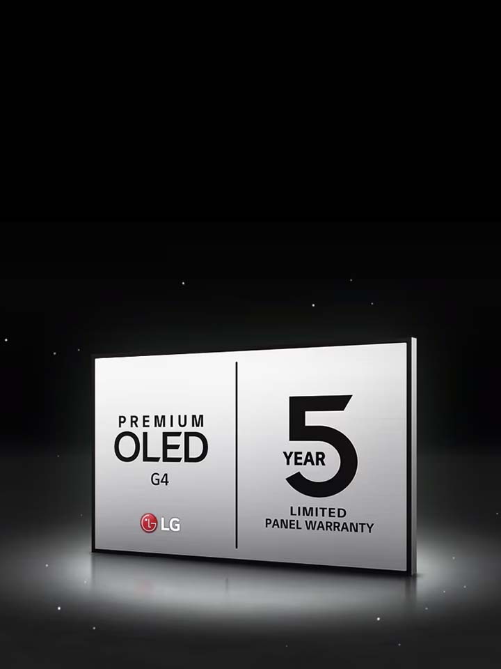 Logotipo de LG OLED Care+ y 5 años de garantía del panel sobre fondo negro.