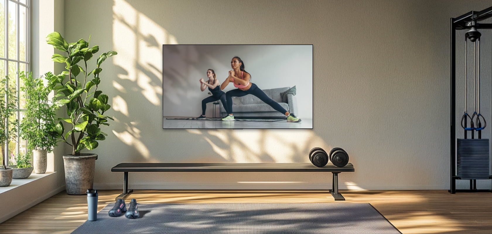 Gimnasio en casa con un televisor LG OLED mostrando un programa de ejercicios, banco, pesas y plantas que crean un ambiente activo y fresco.